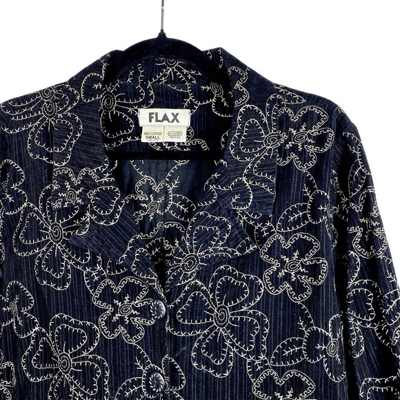 Flax Sz Small Black Embroidered Jacket Lagenlook Long Sleeve Pockets Minimalist - Picture 3 of 4